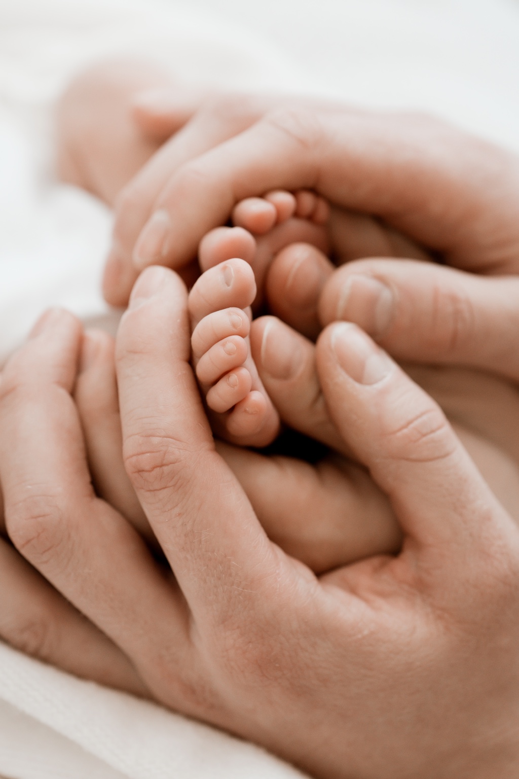 Winzige Babyfüße in den Händen der Familie